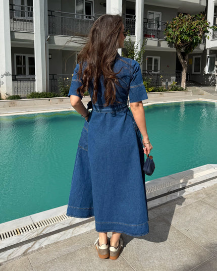 Shirt Collar Belted Pocket Detail Denim Dress