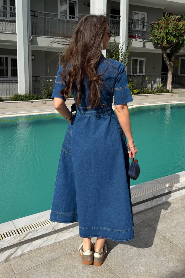 Shirt Collar Belted Pocket Detail Denim Dress