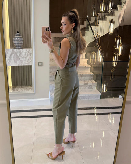 Victoria Belted Zip-Up Vest and Trousers Set - Khaki