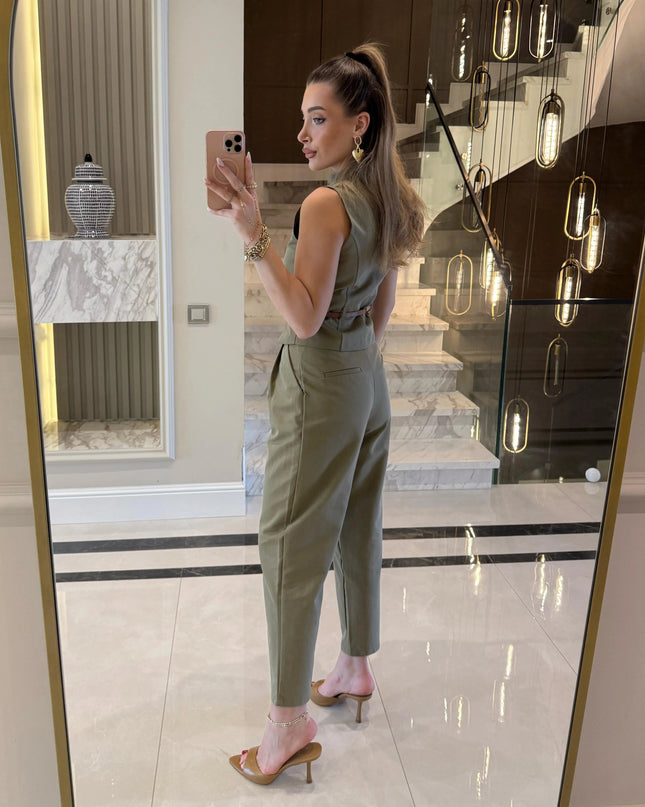 Victoria Belted Zip-Up Vest and Trousers Set - Khaki