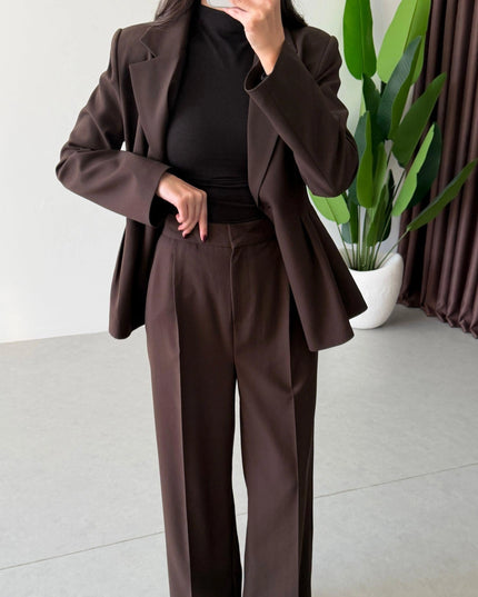 Sophie Pleated Jacket and Trousers Set - Brown