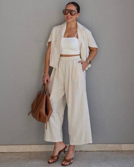 Natural Linen Embroidered Jacket and Trousers Set