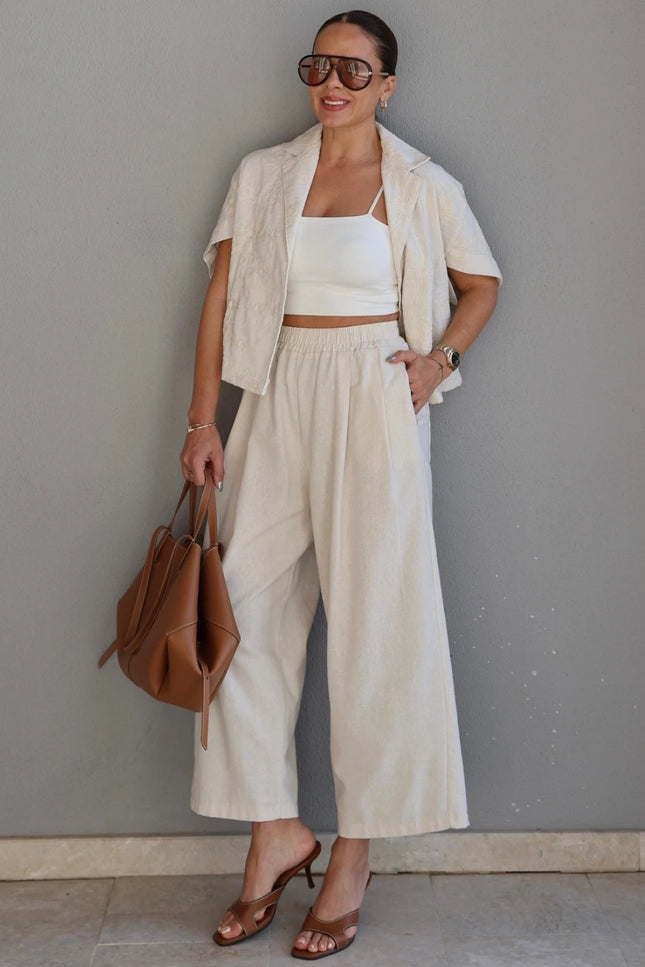 Natural Linen Embroidered Jacket and Trousers Set