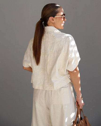 Natural Linen Embroidered Jacket and Trousers Set