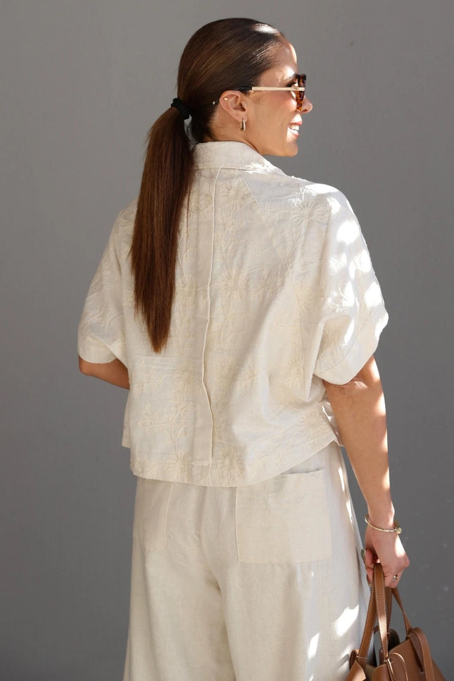 Natural Linen Embroidered Jacket and Trousers Set