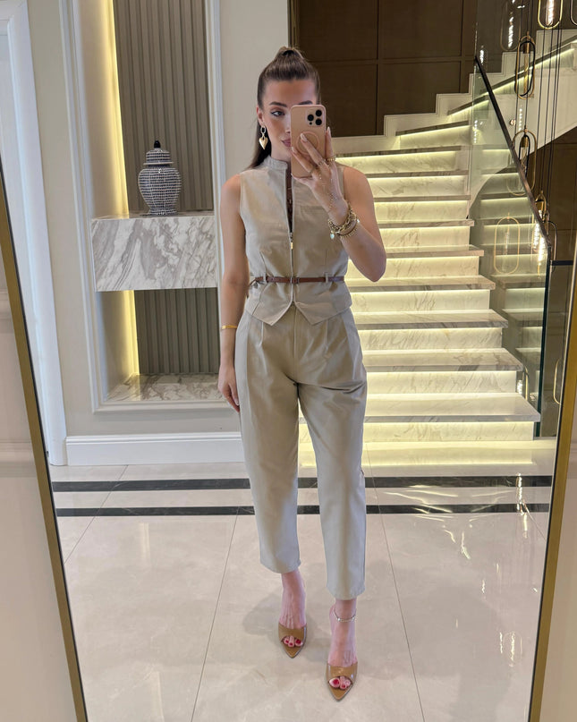 Victoria Belted Zip-Up Vest and Trousers Set - Beige