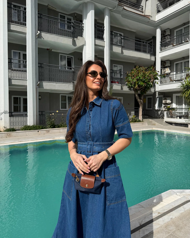 Shirt Collar Belted Pocket Detail Denim Dress