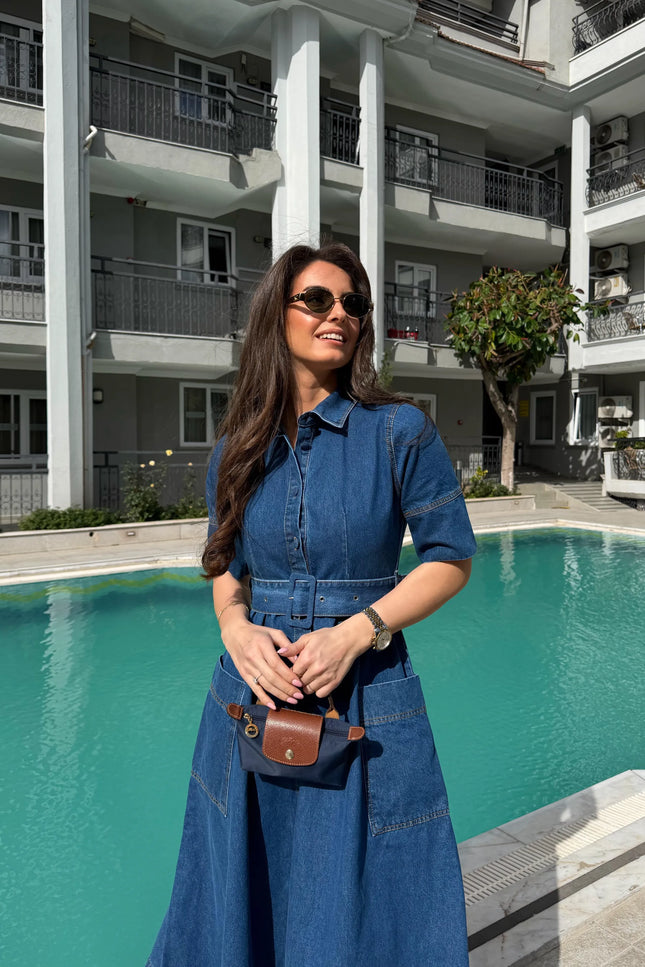 Shirt Collar Belted Pocket Detail Denim Dress