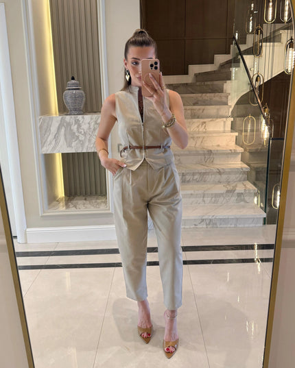 Victoria Belted Zip-Up Vest and Trousers Set - Beige