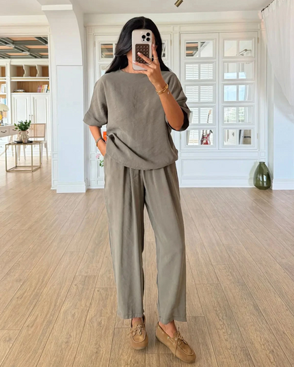 Lemon Short Sleeve Blouse Elastic Waist Pants Set