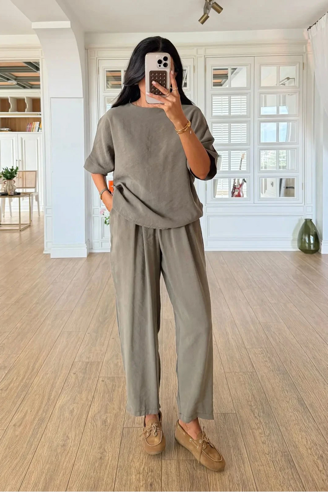 Lemon Short Sleeve Blouse Elastic Waist Pants Set