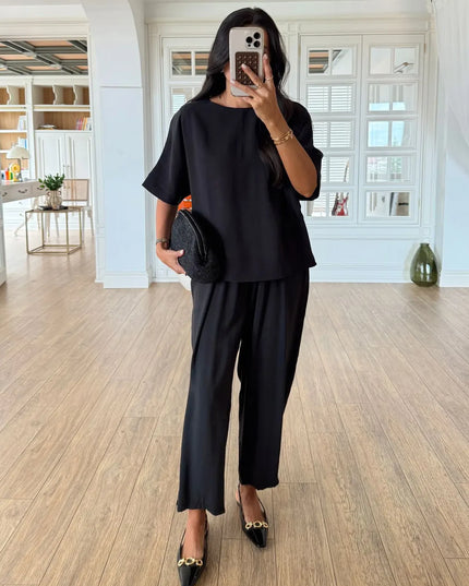 Lemon Short Sleeve Blouse Elastic Waist Pants Set