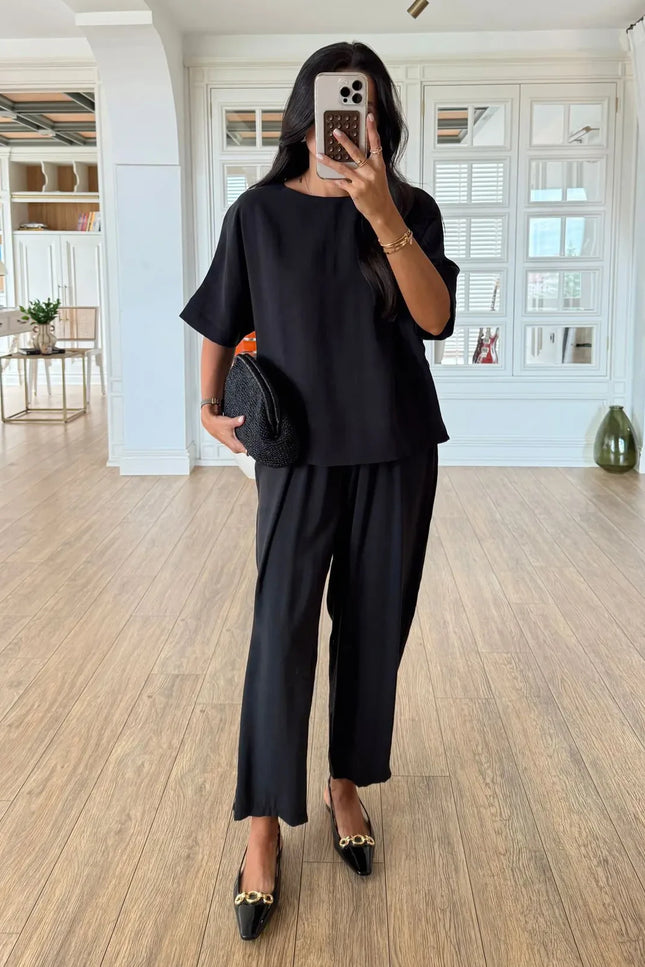 Lemon Short Sleeve Blouse Elastic Waist Pants Set