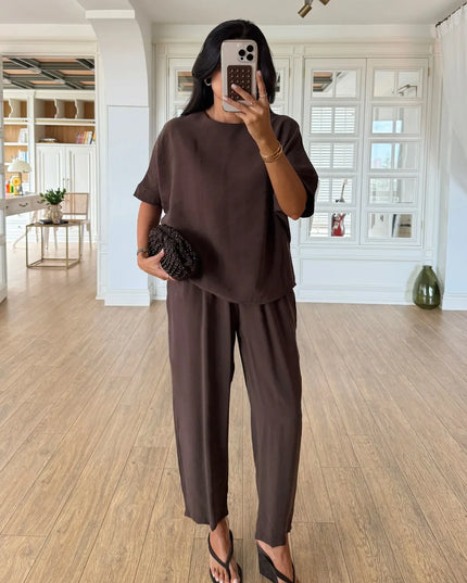 Lemon Short Sleeve Blouse Elastic Waist Pants Set