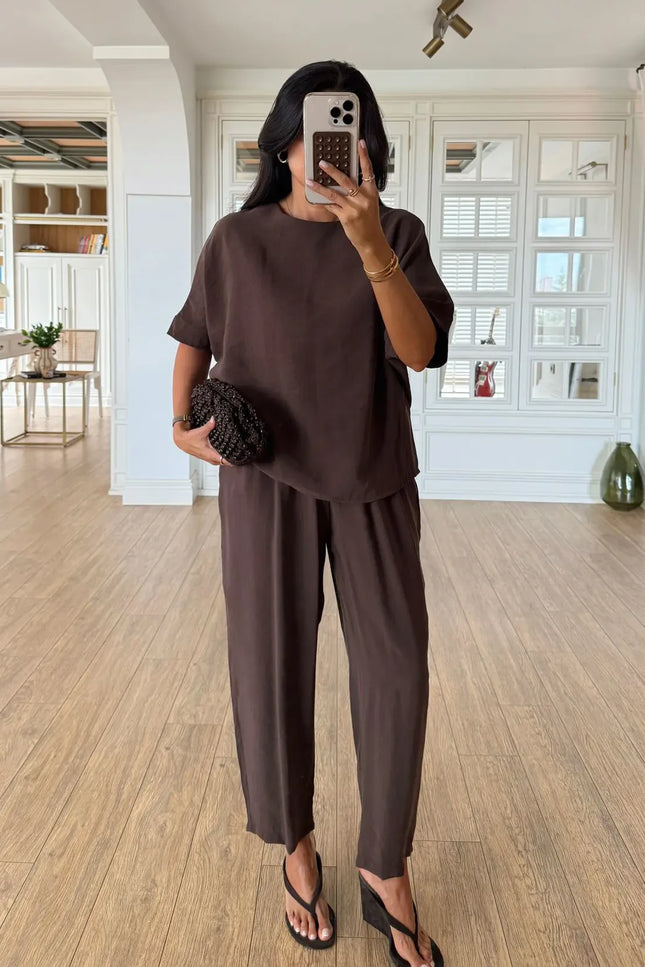 Lemon Short Sleeve Blouse Elastic Waist Pants Set