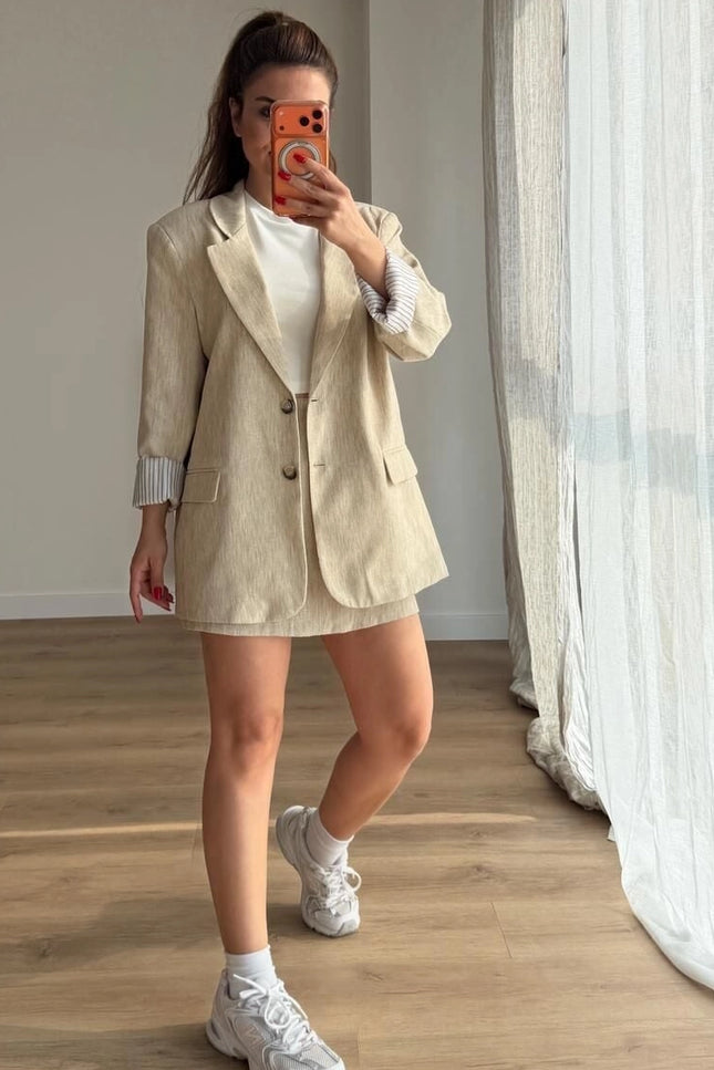 Milano Textured Trimmed Blazer With Skort