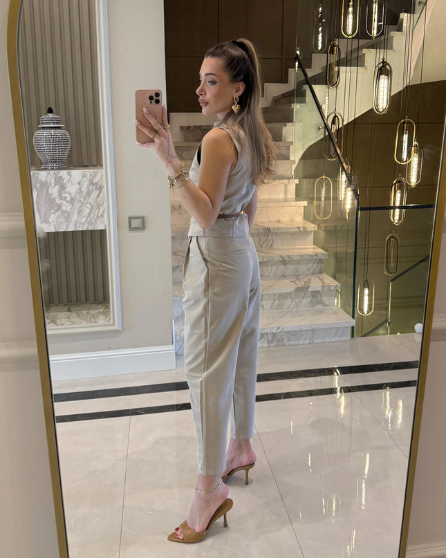 Victoria Belted Zip-Up Vest and Trousers Set - Beige