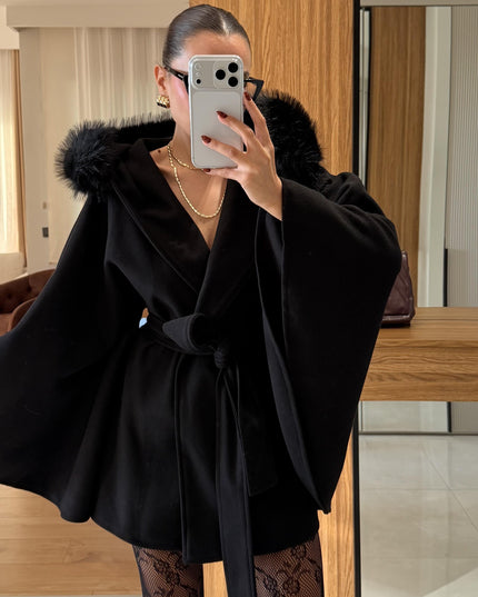 Chic Black Faux Fur Trimmed Poncho - Elegant Winter Outerwear for Women