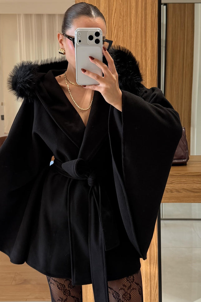 Chic Black Faux Fur Trimmed Poncho - Elegant Winter Outerwear for Women