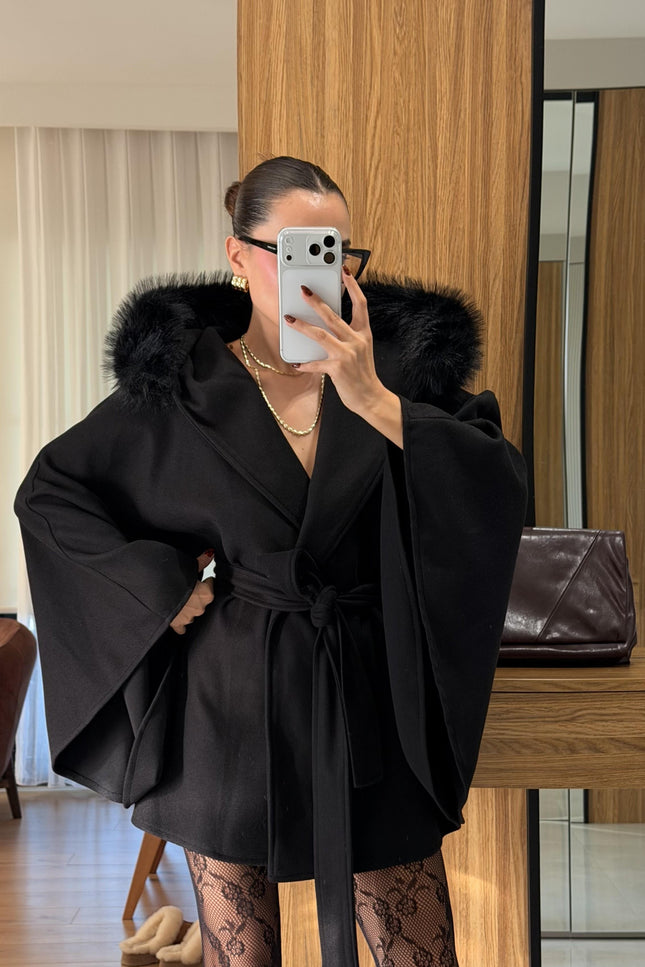 Darking Black Fur Poncho