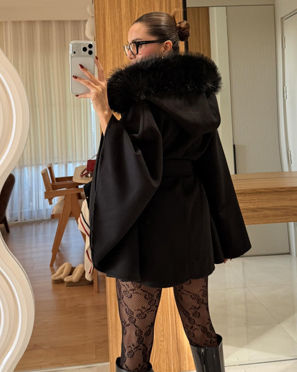 Chic Black Faux Fur Trimmed Poncho - Elegant Winter Outerwear for Women