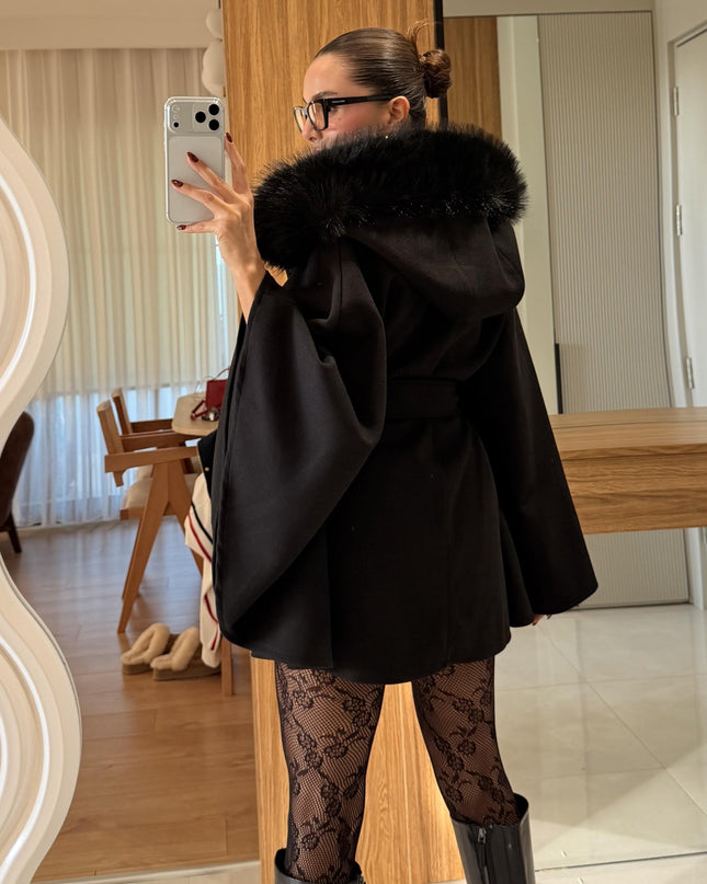 Chic Black Faux Fur Trimmed Poncho - Elegant Winter Outerwear for Women