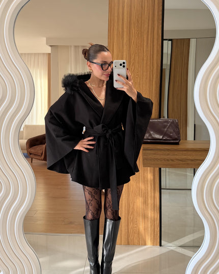 Darking Black Fur Poncho