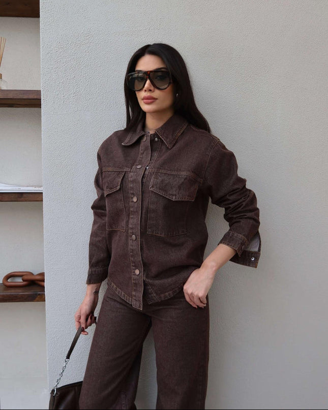 Denim Çıtçıtlı Gömlek Pantolon Takım