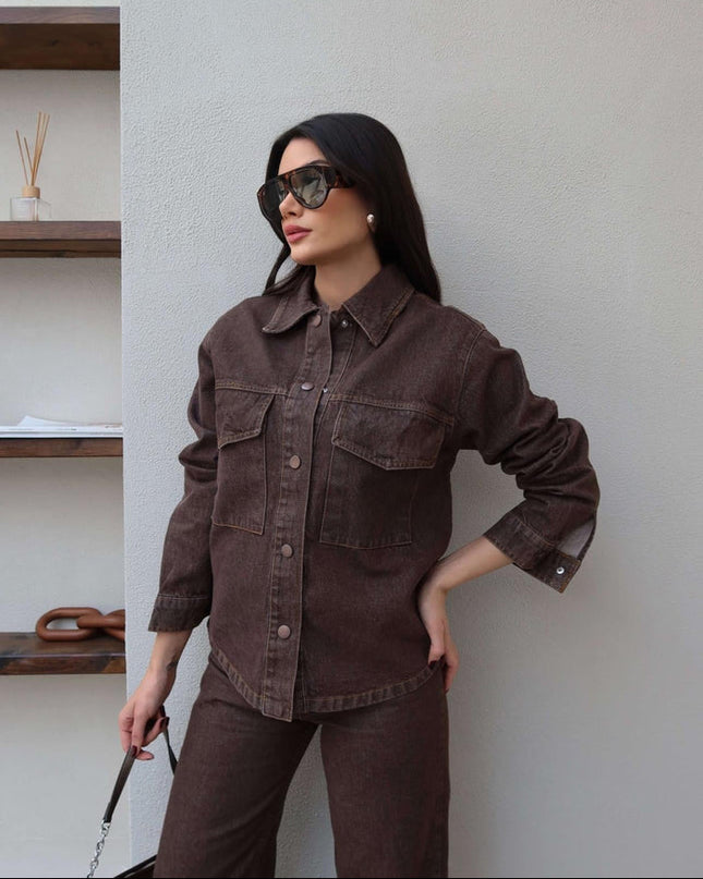 Denim Çıtçıtlı Gömlek Pantolon Takım