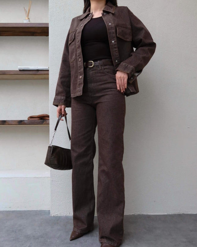 Denim Çıtçıtlı Gömlek Pantolon Takım