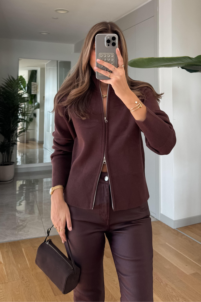 Sisi Collar Zippered Cardigan - Cherry