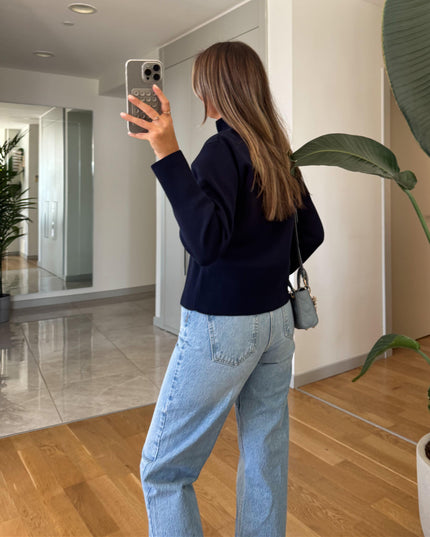 Sisi Collar Zippered Cardigan - Navy Blue