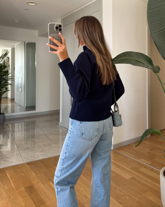 Sisi Collar Zippered Cardigan - Navy Blue