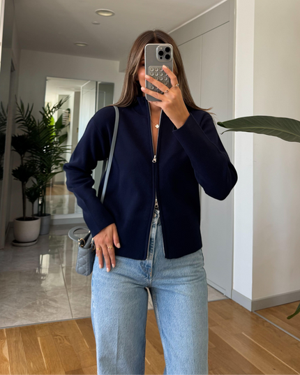 Sisi Collar Zippered Cardigan - Navy Blue