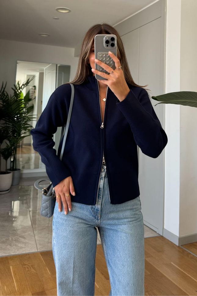Sisi Collar Zippered Cardigan - Navy Blue
