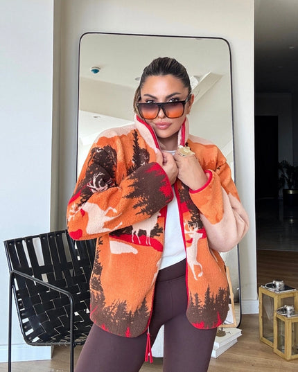 Presy Orange-Brown Stand-Collar Teddy Jacket