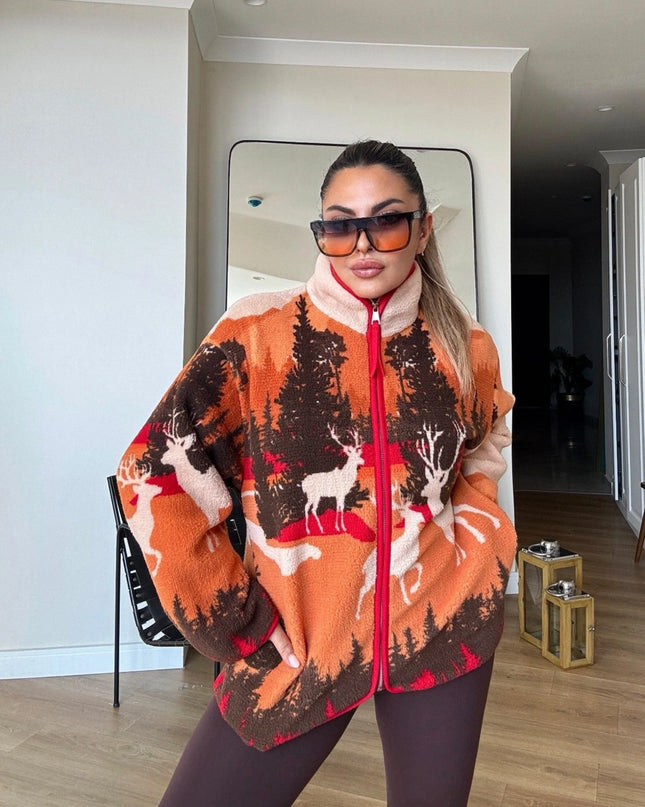 Presy Orange-Brown Stand-Collar Teddy Jacket