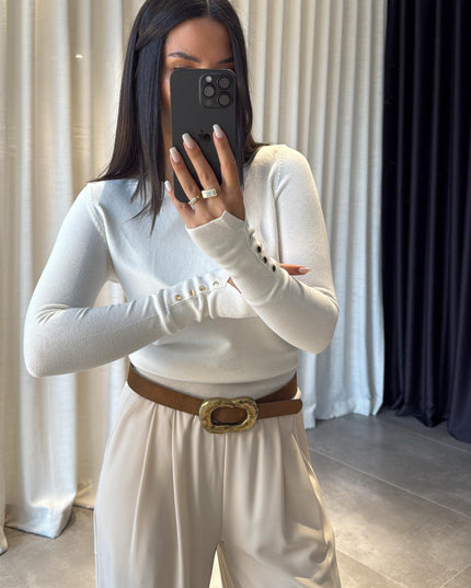 Dilvin Ekru Bisiklet Yaka Droplu Triko