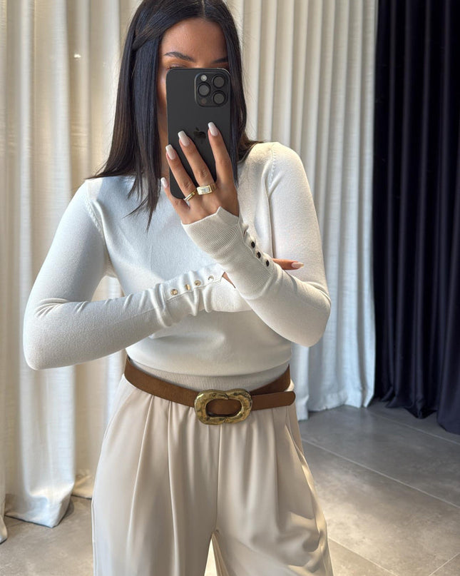 Dilvin Ekru Bisiklet Yaka Droplu Triko