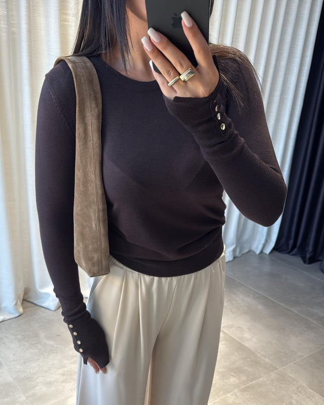 Dilvin Kahve Bisiklet Yaka Droplu Triko