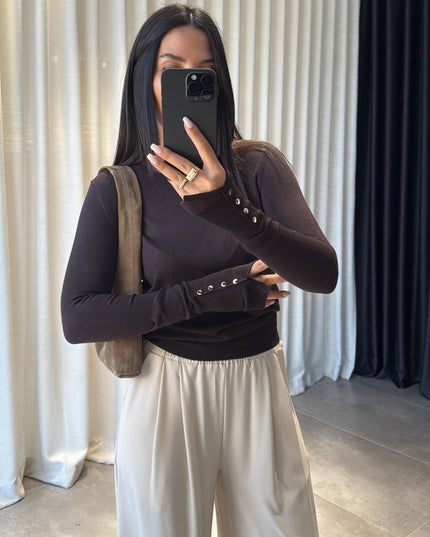 Dilvin Kahve Bisiklet Yaka Droplu Triko