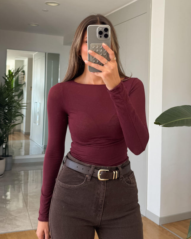 Dilvin Elegant Boat Neck Cashmere Blend Blouse for Women – Burgundy