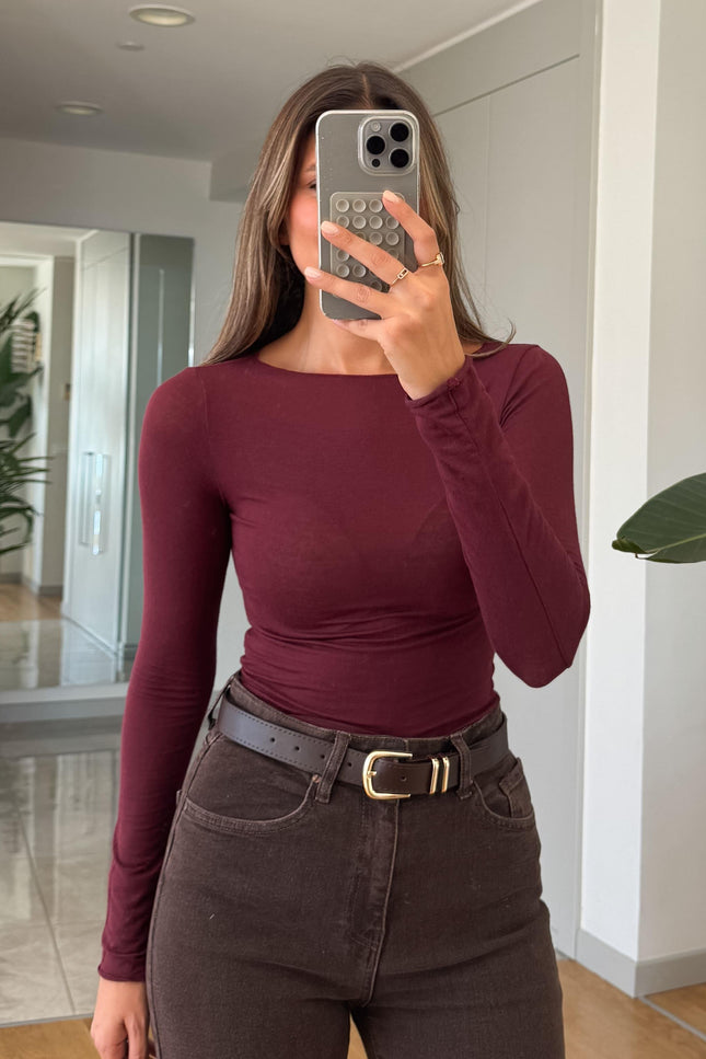 Dilvin Elegant Boat Neck Cashmere Blend Blouse for Women – Burgundy