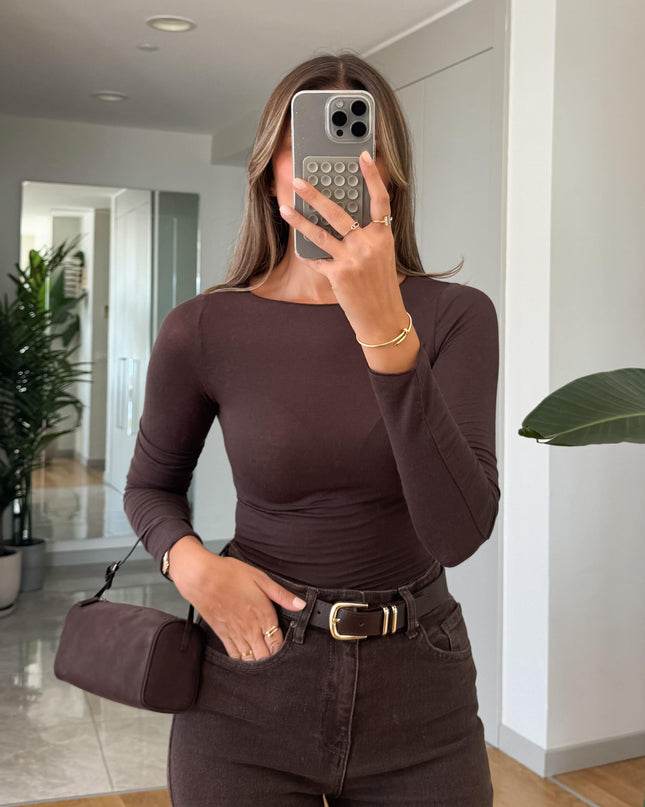 Dilvin Luxurious Boat Neck Cashmere Blend Blouse for Women - Coffee Brown