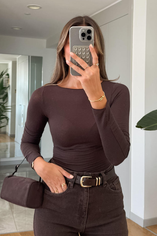 Dilvin Luxurious Boat Neck Cashmere Blend Blouse for Women - Coffee Brown