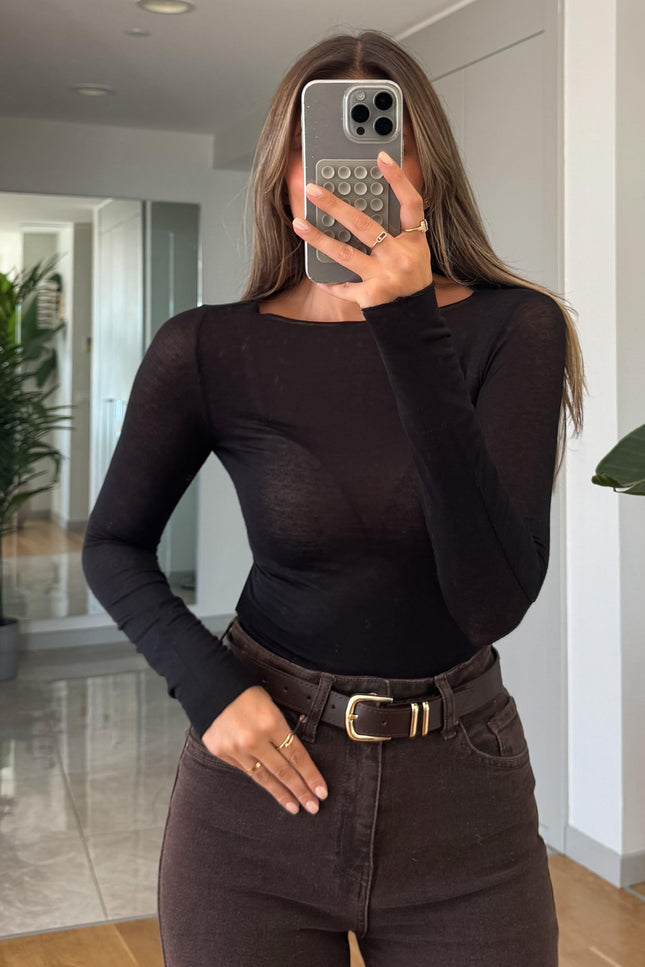 Dilvin Elegant Black Boat Neck Cashmere Blend Blouse – Soft Luxurious Women's Top