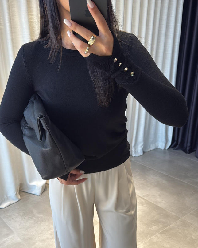 Dilvin Siyah Bisiklet Yaka Droplu Triko