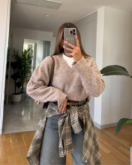 Dilvin V-Neck Fluffy Sweater - Mink