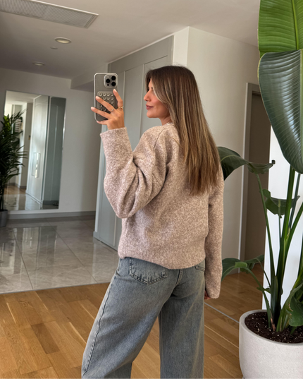 Dilvin V-Neck Fluffy Sweater - Mink