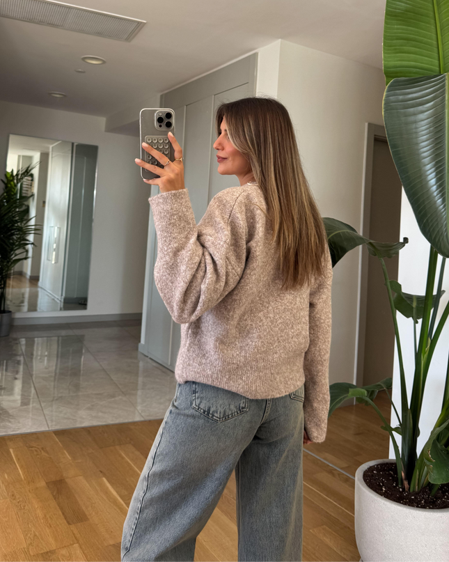 Dilvin V-Neck Fluffy Sweater - Mink